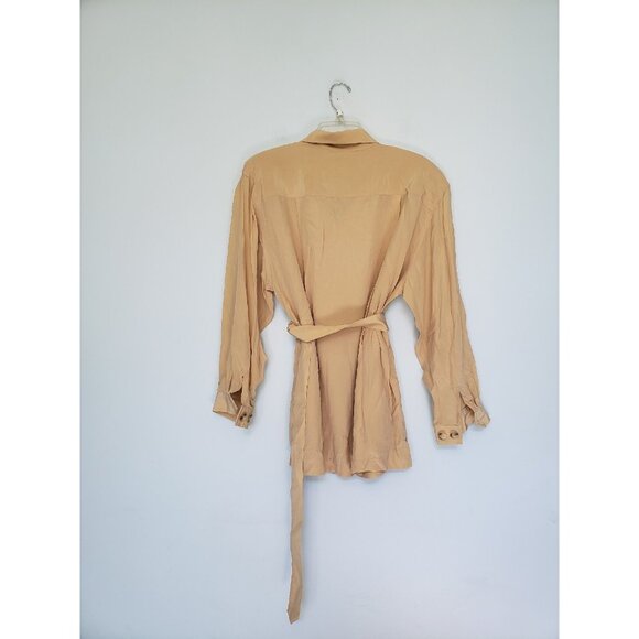 Liz Claiborne Womens Petite 10 Shirt Shacket Button Front Tan Belted 100% Silk - Picture 2 of 6